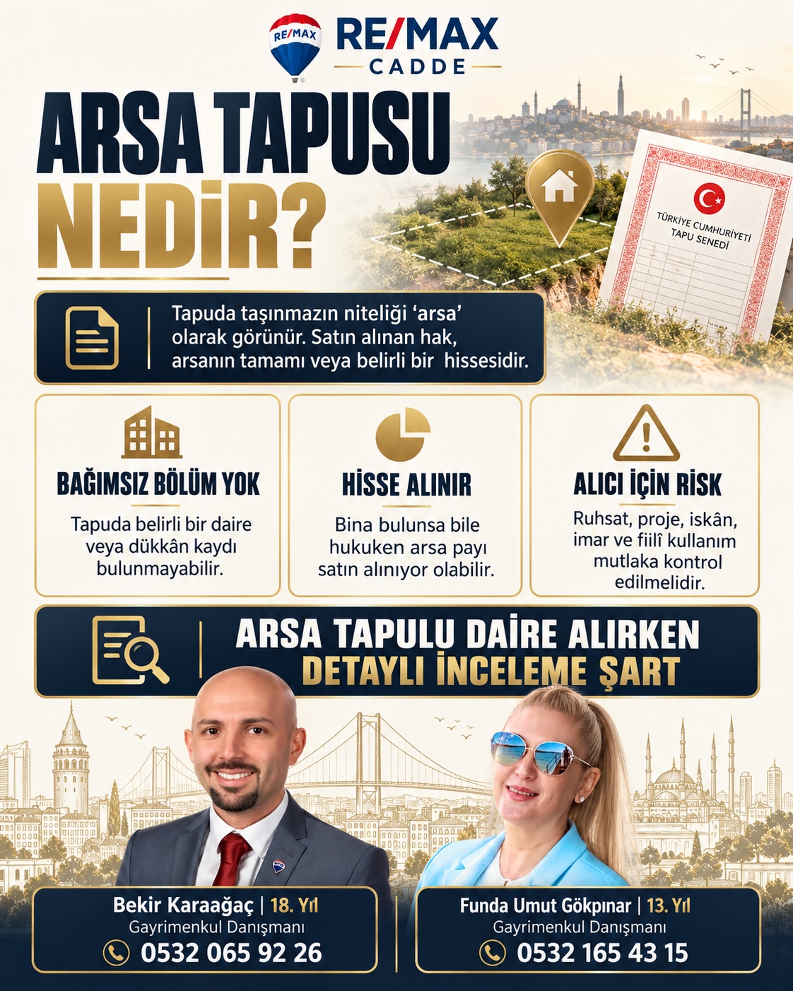 Arsa tapusunun anlamını ve satın alma risklerini açıklayan bilgilendirme görseli